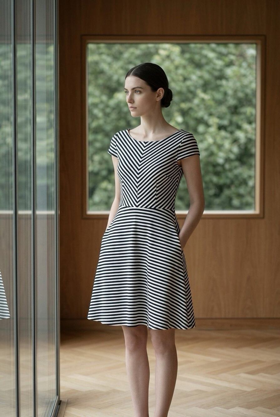 Felicity & Coco Black/White Striped Fit & Flare Women'sDress M Parisian Preppy